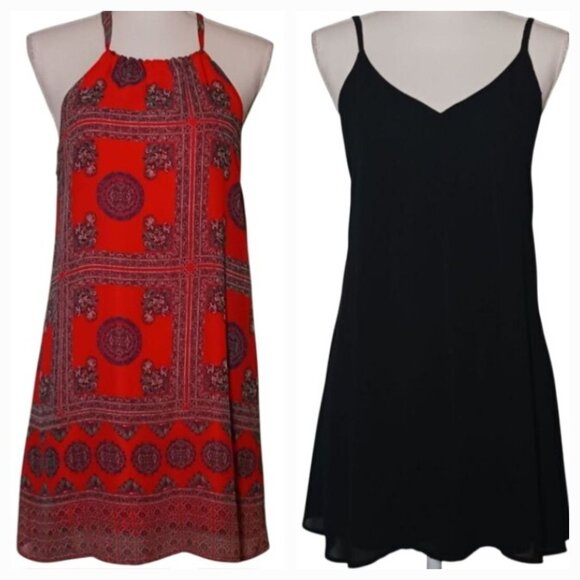 2 Lulus Chiffon‎ Shift Dresses Size S Coral Red Geometric/Black V-Neck Cut-Out - Picture 1 of 16